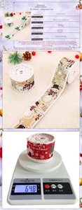 Detail of 5cm faux linen Christmas ribbon with frayed edges and festive prints