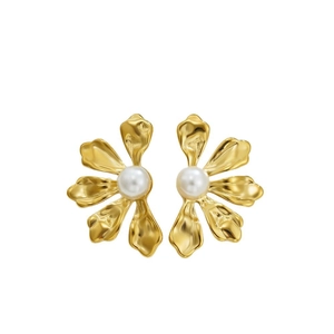 Elegant gold flower earrings with a pearl center on a clean white background