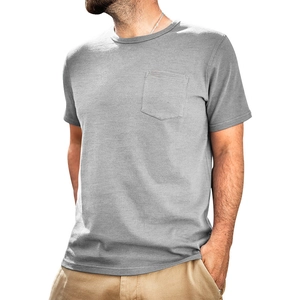 Detail of grey short sleeve Henley T-shirt featuring a chest pocket and soft cotton fabric