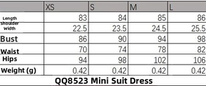 Size chart for the mini blazer dress showing measurements for XS, S, M, and L sizes
