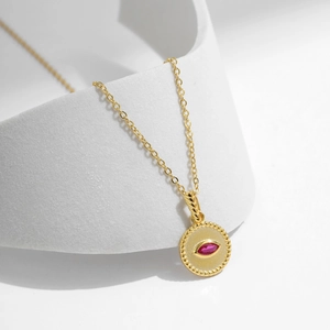 French vintage S925 silver necklace with red gemstone eye pendant in matte gold finish