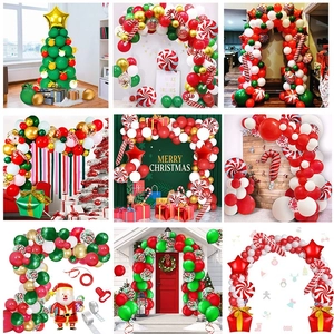 Detailed views of Christmas balloon arch kits with red, green, and gold festive ornaments