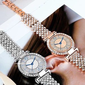 Elegant rose gold and silver rhinestone watches for women with Roman numerals displayed