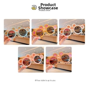 Detailed showcase of cute bear-ear children's sunglasses in five soft trendy colors.