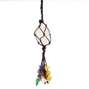 Handcrafted white crystal raw stone hanger with colorful chakra small stones tassels