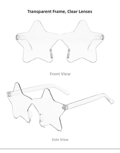 Detailed views of rimless star shaped sunglasses in transparent finish for parties