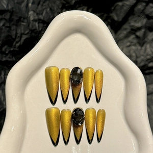 Handmade Press On Nails Golden Cat Eye Black French Stiletto Long Fake Nails With Rhinestones Gemstones Luxury Y2K Style
