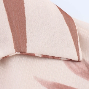Hawaiian style beige chiffon blouse with brown wide stripes and elegant V-neckline detail