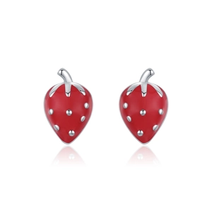 Cute S925 sterling silver strawberry stud earrings with red enamel and polished finish