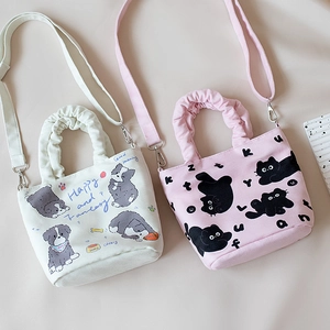 Kawaii Cartoon Animal Print Bucket Bag Polyester Canvas Handbag With Pleated Handle Crossbody Bag For Women And Girls