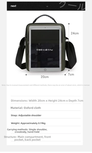 Green cross-body bag detail showing 10.9-inch iPad capacity and dimensions 20x24x7cm
