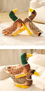 Realistic mallard duck plush toy set with detailed feather patterns on a soft sofa