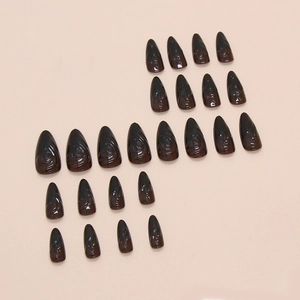 24pcs Dark gradient almond press-on nails with 3D embossed lines on peach background