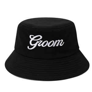 Black cotton bucket hat with white Groom embroidery for wedding celebrations