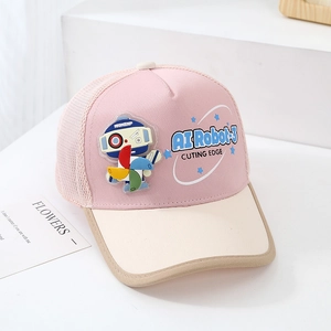 Detail of kids mesh baseball cap with pink fabric and cartoon AI robot decoration