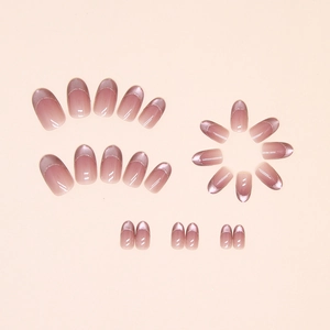 Pink cat eye press on nails with silver glitter french tips in long square shape