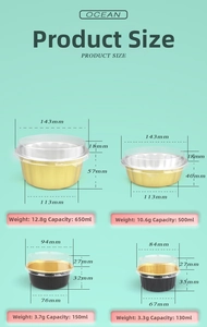 Size chart for disposable aluminum foil pudding cups and dessert containers with lids