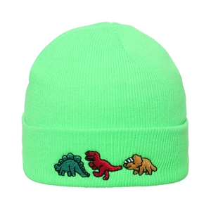 Close-up of three dinosaur embroideries on neon green knit beanie cuff detail
