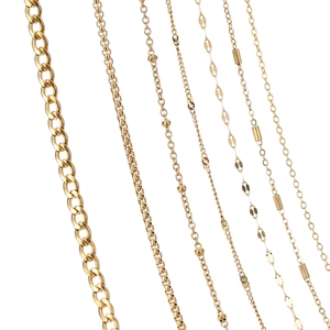 Various vacuum gold plated stainless steel jewelry chains showing multiple link designs