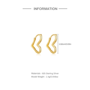 Detail view of gold heart hoop earrings in 925 sterling silver with size dimensions