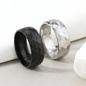 Men's Stainless Steel Ring Hexagonal Faceted Hammered Texture Geometric Minimalist Band Fashion Jewelry