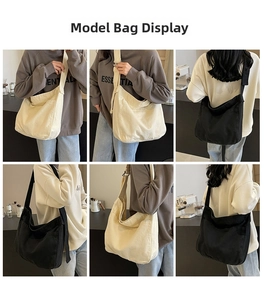 Detailed views of cotton canvas crossbody bags in black and beige with adjustable straps