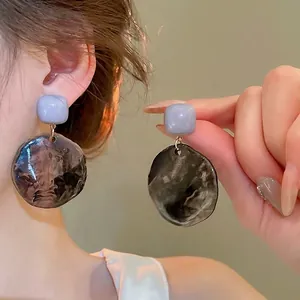 Irregular resin hoop earrings with lavender studs and grey marble texture for women