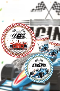 Racing car party plates and cups set with checkered pattern and Speed Race Track theme