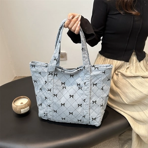 Women's Corduroy Tote Bag With Bow Pattern Quilted Rhombus Design Large Capacity Simple Shoulder Handbag For Daily Commuting Office