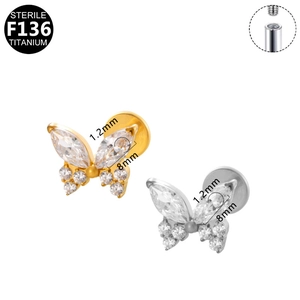 F136 titanium butterfly labret stud earrings set in gold and silver finish with crystal