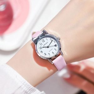 Cute pink quartz watch for girls with unique cat ear case and silver round dial
