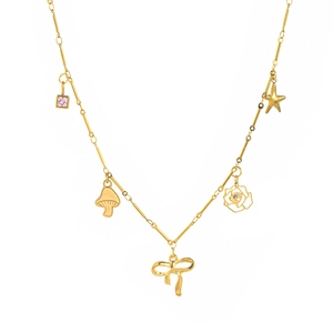 18K gold plated stainless steel necklace with mushroom bow and starfish charms