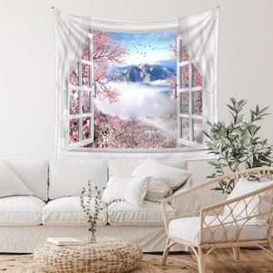 Detail of 3D window view tapestry showing snowy mountains and pink cherry blossoms