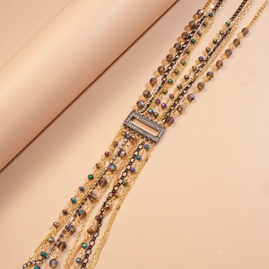 Close-up of layered necklace with champagne crystal beads and rhinestone fringe detail