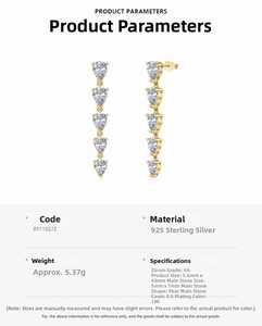 Detail view of S925 silver long drop earrings with five 5A pear-cut cubic zirconia stones