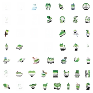 Detailed grid of aromantic pride stickers with green heart, flag, and animal designs