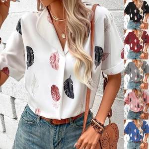 Women's short sleeve lapel button shirt with feather print in various colors