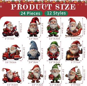 Size chart showing dimensions for 24 pieces of 12 style Christmas gnome wooden ornaments