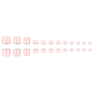 24-piece glitter French press-on toenails with light pink gradient and silver shimmer tips