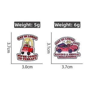 Detailed size and weight specifications for enamel car pins with cartoon design