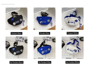 Detail view of nylon crossbody bags in black, blue, and white with astronaut pendants