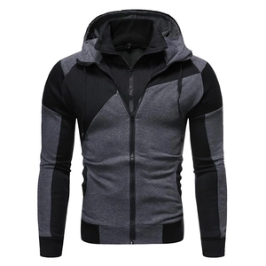 Men's slim fit hooded sweatshirt with black and grey color blocking and zipper closure