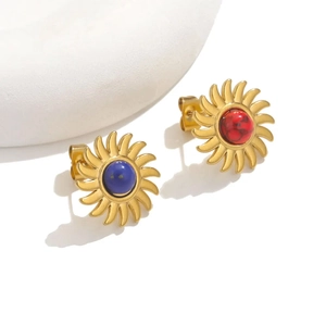 Boucles d'oreilles tournesol en acier inoxydable avec pierres naturelles rouge et bleu