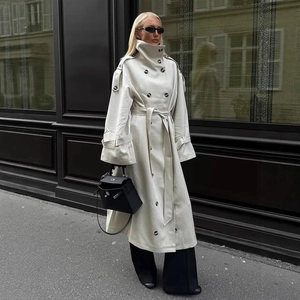 Women Trench Coat Double Breasted Belted Long Outerwear High Neck British Style Commuter Loose Fit Elegant Polyester
