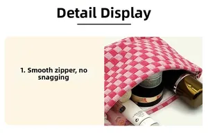 Detail showing smooth zipper closure and pink checkered knit fabric texture of the bag