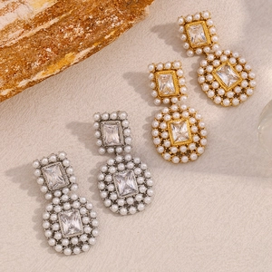 Retro Baroque Dangle Earrings For Women 18K Gold Plated 316L Stainless Steel Luxury Zircon And Imitation Artificial Pearl