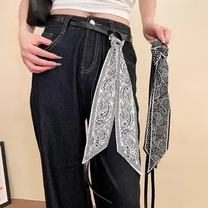 Ceinture De Taille Fine En Cuir Pour Femmes Avec Foulard En Satin Imprimé Paisley Polka Dot Gland Chaîne De Taille