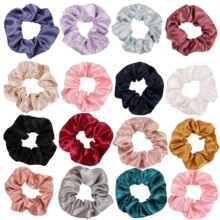 Set of 16 multi-color satin hair scrunchies with smooth texture and glossy finish