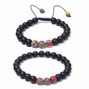 Détail des perles noires mates 8mm et pierres naturelles rayées sur bracelets tressés