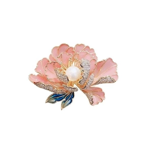 Enamel peony flower brooch with pink petals, small zircon accents and a pearl center